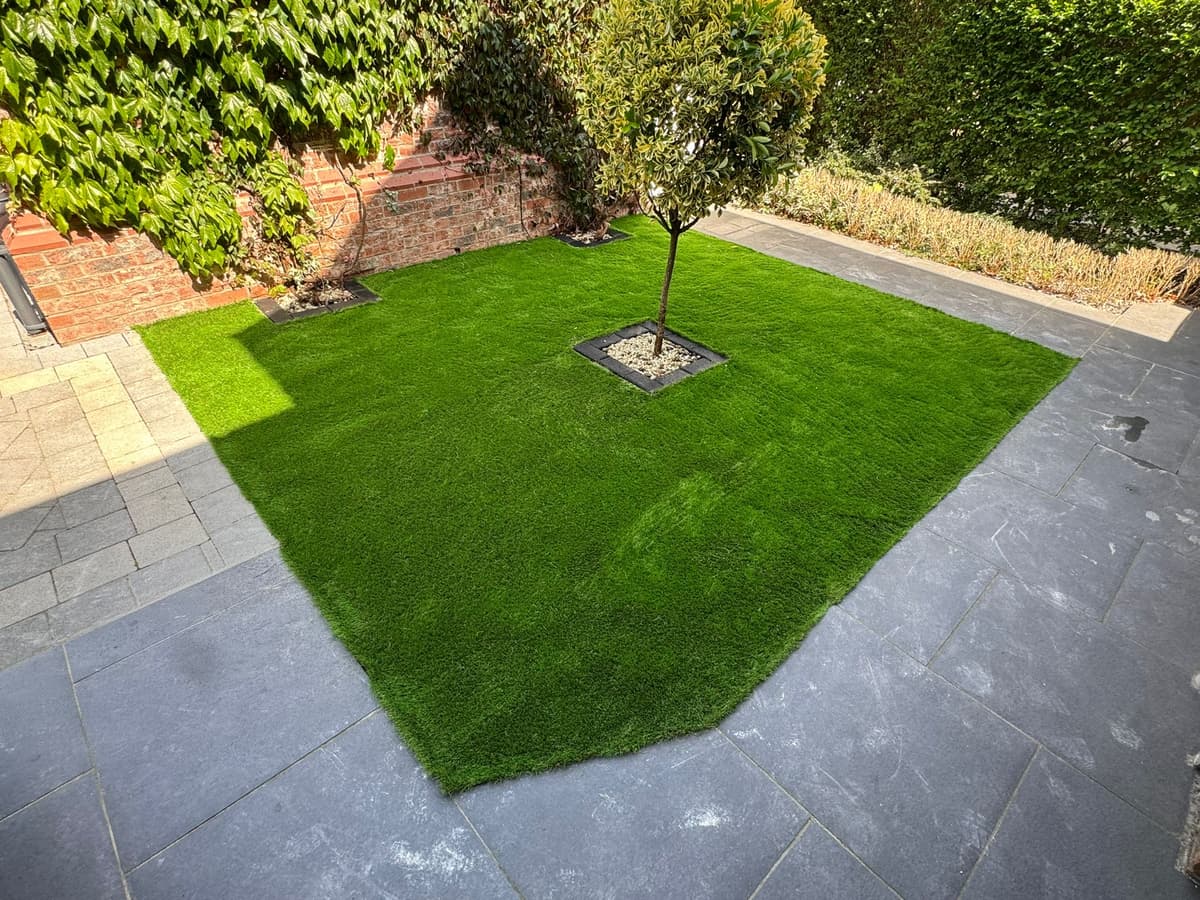 Completed patio area with professional landscaping and drainage